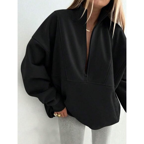 zip up half placket stand collar sweatshirt cream tan - Picture 5 of 7